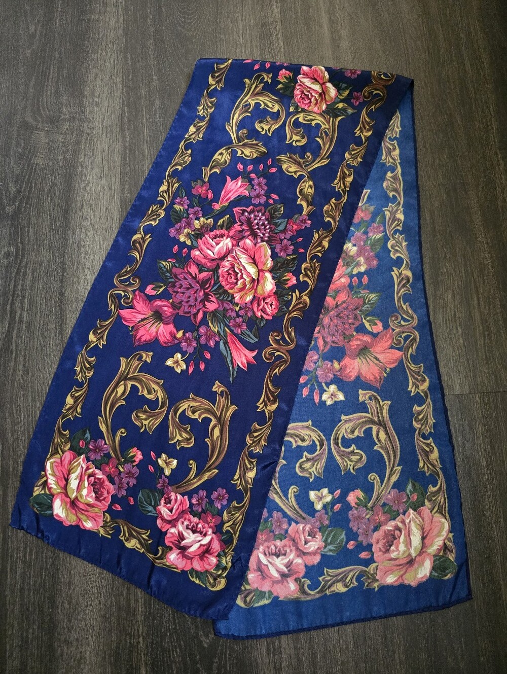 Vintage Style Floral Scarf Navy Blue Pink Roses Gold Baroque Long Silky
